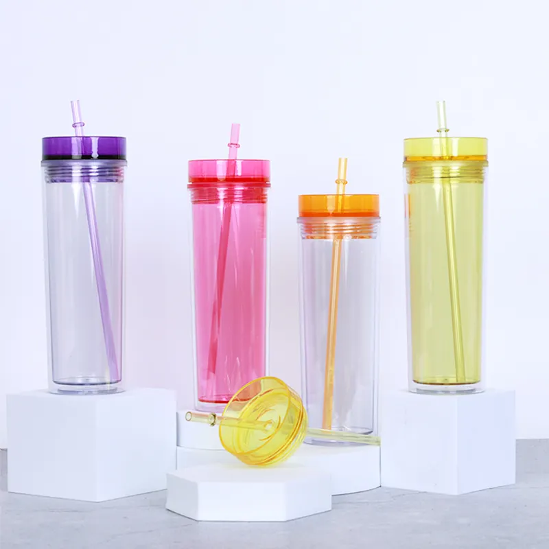 미국 핫 세일 투명 컬러 16oz 플라스틱 아크릴 플라스틱 컵 다채로운 PP 뚜껑과 스키니 텀블러