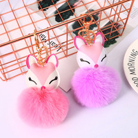 Porte-clés en fourrure de dessin animé mignon, porte-clés créatif en peluche tête de renard, porte-clés pompon