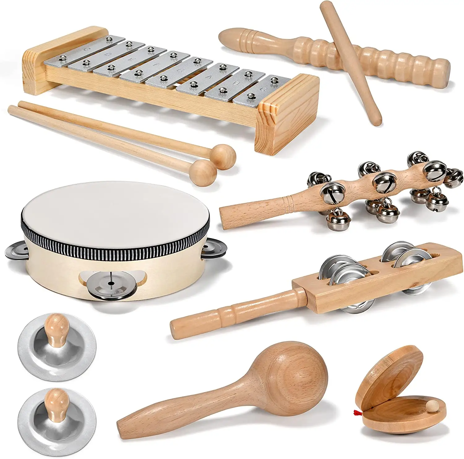 Percussion toddler musical instrument set of kid wooden tambourine maracas rattle toy musical instruments wood kids toys