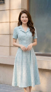 Vestido Midi Azul Claro para Mujer, Manga Corta, Elegante, para Oficina, con Cuello y Botones al Frente, Precio de Fábrica Personalizado, Venta al Por Mayor - Product Image 6
