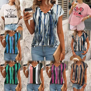 Ladies Casual Summer Outdoor Sports Top Gold Lip Print Flannel Denim T-Shirt Short Sleeves Batik for Holidays Saisonnier Holidays - Product Image 6