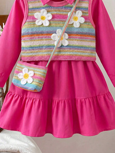 Ensemble trois pièces pour filles de 4 à <span class=keywords><strong>8</strong></span> <span class=keywords><strong>ans</strong></span>, robe à col chemise + gilet en tricot fleuri + sac à bandoulière, nouvelle collection automne - Product Image 5