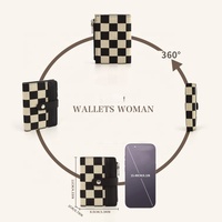 Dompet Mini Lucu Trendi dengan Kancing, Tempat Kartu Bermotif Kotak-kotak, Dompet Koin, Dompet Pendek Kulit PU untuk Perjalanan, Tempat Kartu Identitas dan Kartu Kredit Wanita