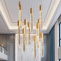 Lustre suspendu cylindrique moderne à LED, réglable en hauteur, pour escalier long, avec interrupteur, en cristal doré