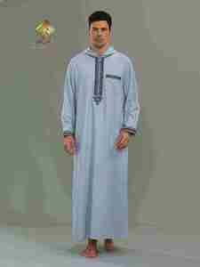 Al Haramain <b>Men's</b> Hooded <b>Thobe</b> Long Sleeve Cotton Floor Length Modest Prayer Robe Solid Light Blue Middle East Style - Product Image 3