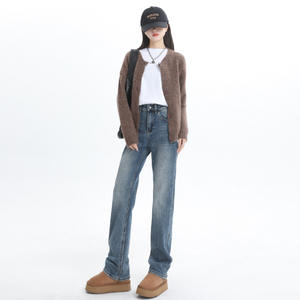 Nuevos pantalones calientes para <span class=keywords><strong>mujer</strong></span> para Otoño Invierno American Retro cintura alta versión estrecha recto forro polar grueso Casual Denim - Product Image 2