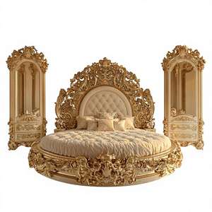 Lit en bois classique gravé avec tête de lit capitonnée, mobilier de chambre à coucher de luxe antique - Product Image 1