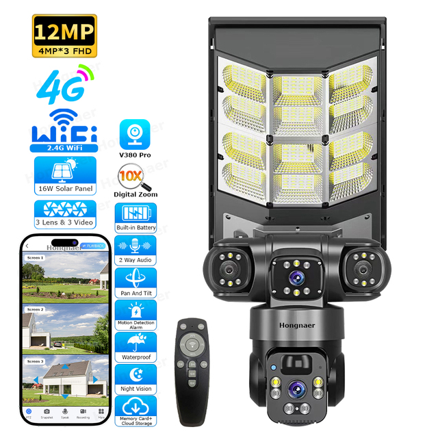 Hongnaer 12MP 3 Lens Wireless Solar Panel Security Camera V380 Pro Outdoor WiFi 4G Sim Card CCTV Solar Street Light With Camera