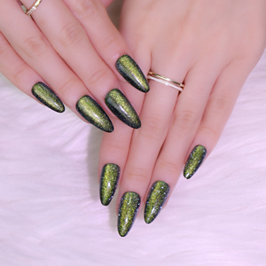 AIERFEI <span class=keywords><strong>Faux</strong></span> ongles Fabricant Long Amande <span class=keywords><strong>Faux</strong></span> ongles Conseils Paillettes Vert Oeil de chat Appuyez sur les ongles Gel Effet vernis - Product Image 3