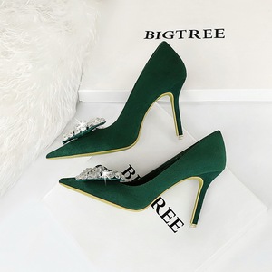 Zapatos de tacón alto de moda para mujer, de tacón fino, de ante, con punta poco profunda, lazo de diamantes de imitación, zapatos individuales - Product Image 4