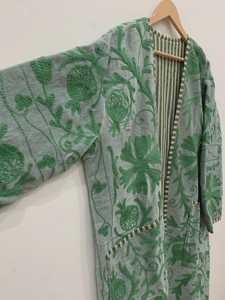 Velvet Suzani Kimono <b>Robe</b> Hand Embroidered Boho <b>Coat</b> Green Floral Festival Jacket Uzbek Belted Kaftan - Product Image 4