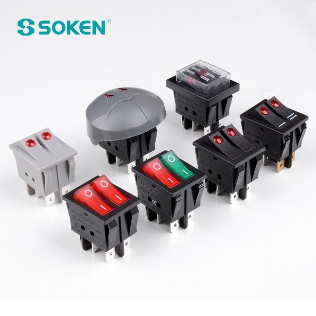 2 Interruttori A Bilanciere Doppi SOKEN RK1-23, 6 Pin, 16A 250VAC, Luce Rossa, Nuovi