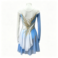 Robe de danse patinage bleue et blanche, épaules dénudées, manches longues en maille, garniture en strass dorés pour enfants et adultes, compétition et performance