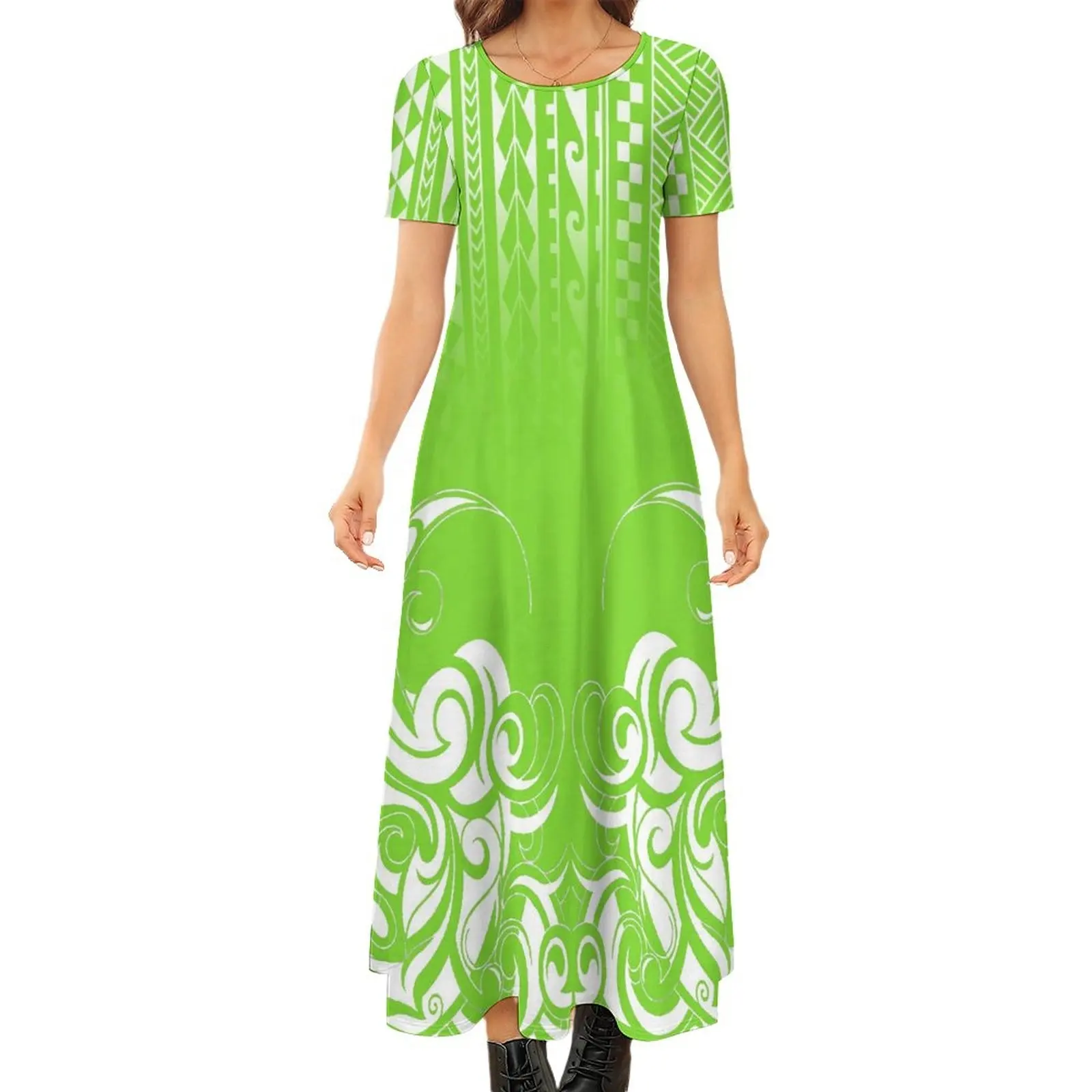 A buon mercato poly cotton manica corta maxi vestito donna plus size vestito gonne verde lime polinesiano samoano stampa casual island dress