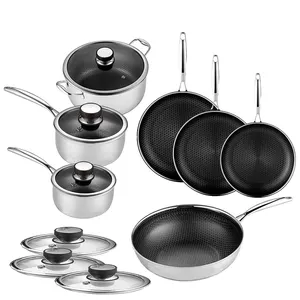 13 miếng không dính Cookware sets tổ ong lớp phủ nhà bếp nồi và PAN thép không gỉ Frying Pan