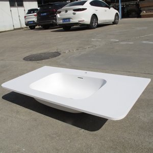 Fregadero personalizado diseño moderno blanco mate superficie sólida piedra <span class=keywords><strong>resina</strong></span> <span class=keywords><strong>lavabo</strong></span> encimera <span class=keywords><strong>lavabo</strong></span> para Baño - Product Image 2