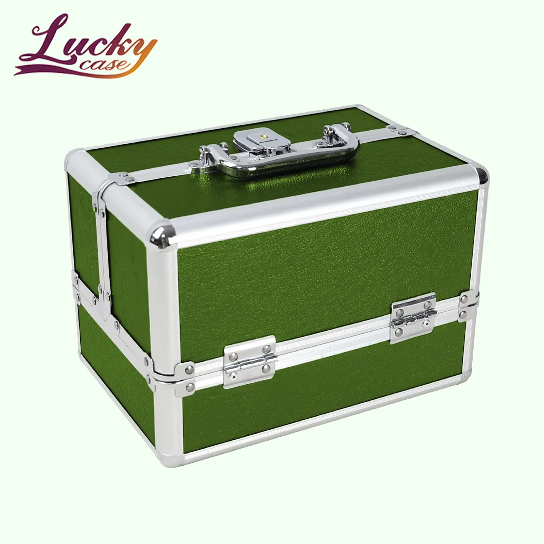 Professional Makeup Case for Makeup Artist Green Makeup Box with Four Trays Aluminum Travel Cosmetic Case