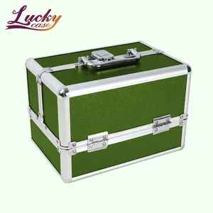 化妆师专业化妆盒绿色化妆盒带四个托盘铝制旅行化妆盒