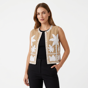 Chaleco de Algodón Transpirable con Bordado Floral para Mujer, Sin Mangas, Abierto por Delante, Estilo Elegante para Verano y Otoño - Product Image 1