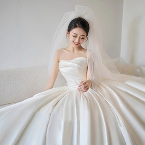 Strapless Satin Wedding Dress Natural Waistline Vintage Bridal Gown For Petite Brides - Product Image 1