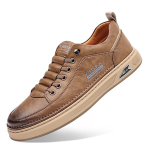 Chilowa Zapatillas de deporte de cuero marrón para hombre, suela de goma de tacón bajo, zapatos informales transpirables para caminar - Product Image 3