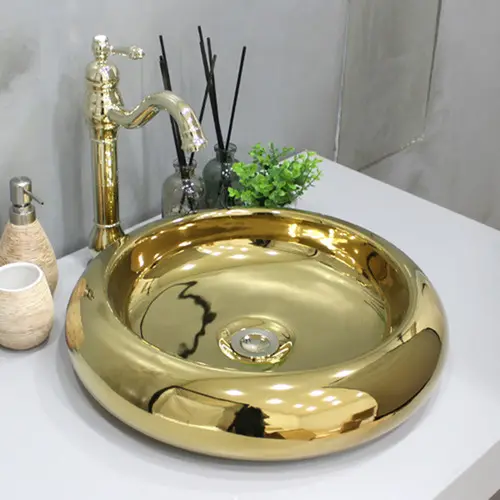 Luxury Ceramic Sanitary Wares Art Basin Gold color Round Bathroom Hand Wash Basin Counter Top Bathroom Sink