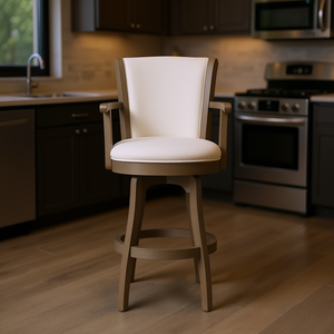 Tabouret de bar pivotant Williams, 31 pouces, structure en bois, siège en lin blanc, accoudoirs, design moderne, mobilier de bar pour la maison - Product Image 2