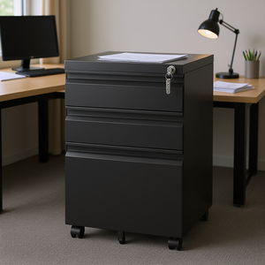 Black Metal 3 Drawer Mobile <b>File</b> Cabinet With Lock For Home Office Filing <b>A4</b> Legal Letters Fully Assembled Minimalist Design - Product Image 2