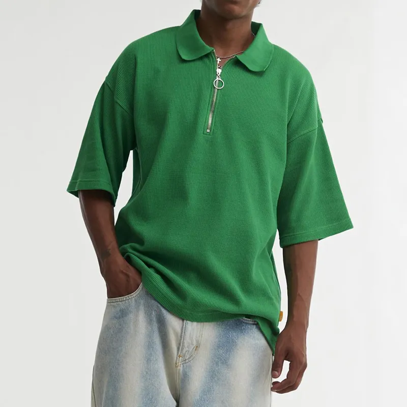 Camisa larga e oversized de algodão, camiseta polo baggy com zíper térmica e manga curta, 100%