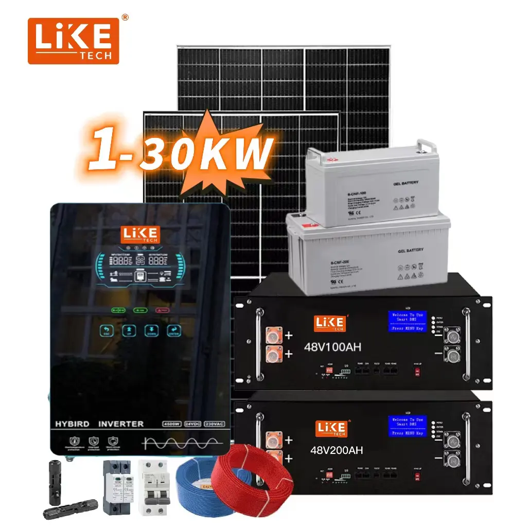 LikeTechコンプリート1kw 3kw 5kw 10kw 20kw 30KWハイブリッドオフグリッド収納パネル電力家庭用価格表太陽エネルギーシステム