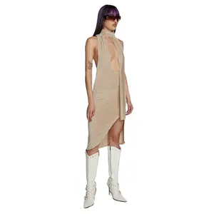 Toptan özel asimetrik seksi aç geri yarı şeffaf yaka sarılmış Choker gerdanlık Midi elbise moda kadın elbise