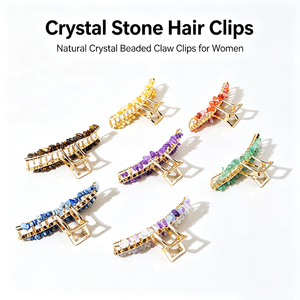 Pince à cheveux en métal doré grande et incurvée, avec copeaux de cristal naturel, style banane, accessoires de mode pour cheveux, vente en gros - Product Image 1