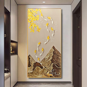 Hand Painted Oil Painting Nine Fish Wealth Mountain Scene 3D Effect Contemporary <b>Art</b> Wall Hanging for Hallway Entryway Decor - Product Image 3