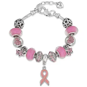 Verstelbare Borstkanker Preventie Hars Kralen Bedelarmband Roze Lint Hanger Hart Silver Snake Chain Charm Armband