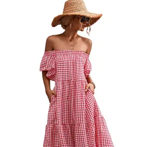 Classic Hot-sale Off-the-shoulder Backless Plaid Maxi Dress Women Clothing Manufacturers Custom