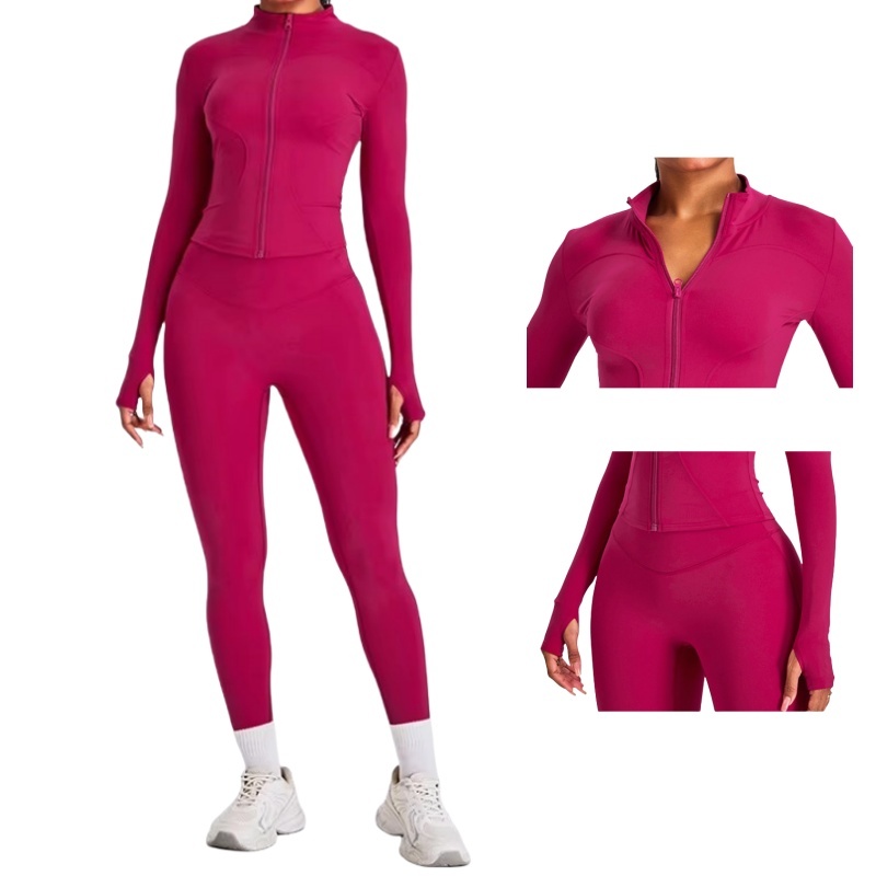 Women's Plus Size Slim-Fit Breathable Lightweight Yoga Top Four-Way Stretch Solid Color Long Sleeve Zipper Front Logo Thumb