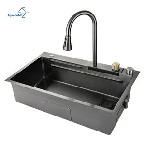 Multifunction 304 Stainless Steel Kitchen Sink Faucet Black Waterfall Rainfall Kitchen Sink Set