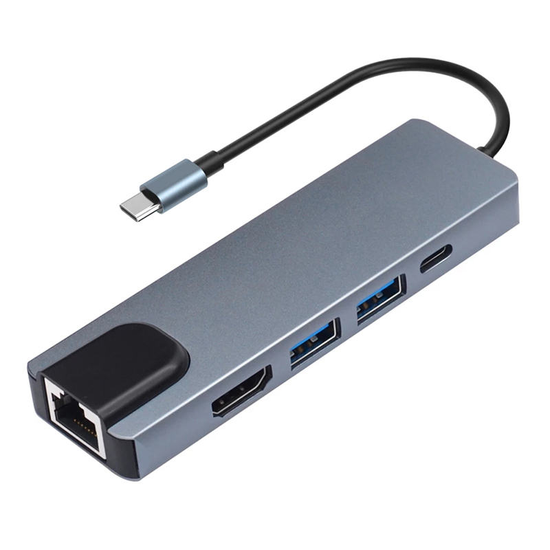 RJ45 adaptor Ethernet USB Tipe C, USB C Tipe C HUB ke USB 3.0 HDTV PD pengisian Ethernet, konverter tipe-c 5 in 1 untuk Pro Window Mac O