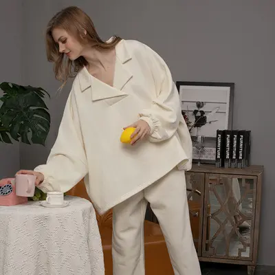 Pijama cómodo de manga larga para mujer, conjunto de 2 piezas de Color sólido, KL1021, 2022