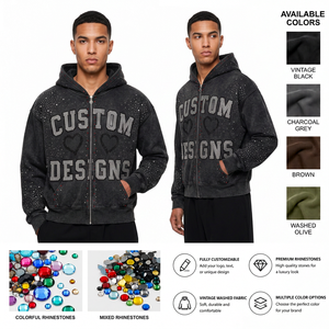 Vintage Wash Rhinestone Zip Hoodie 100% French Cotton Heavyweight Distressed Oversized Anti-Pilling Autumn/Winter Men's - Product Image 2