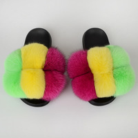 Pantoufles plates en fourrure de raton laveur à six boules de couleurs mélangées Sandales en fourrure de renard Pom Pom Slides pour femmes