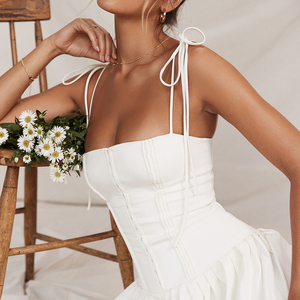 Abito Estivo Bianco Stile Cottagecore <span class=keywords><strong>per</strong></span> Donna, Senza Maniche, Collo Quadrato, Vestito Lungo <span class=keywords><strong>per</strong></span> Matrimoni e Vacanze - Product Image 4