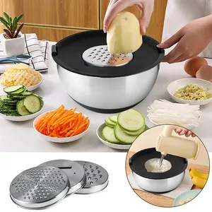 Multi Purpose Kitchen Stainless Steel Fruit Salad Mixing Bowl Set With Grater And Non-slip Silicone Bottom