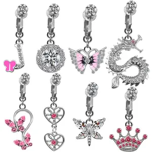 NUORO 1PC Stainless Steel Cat Butterfly Clip On Belly Piercing Non Piercing Cartilage Earrings Heart Fake Belly Button Piercing