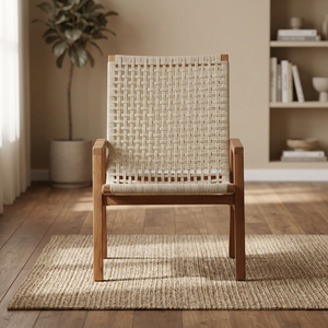 Chaise de salle à manger moderne en teck tressé de haute qualité avec accoudoirs et pieds coniques pour villa, hôtel, restaurant - Product Image 5