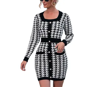 New Fashion Classic Tweed Sexy Knitted Long Sleeve Bodycon Mini Office Dress Women Sweater Dress
