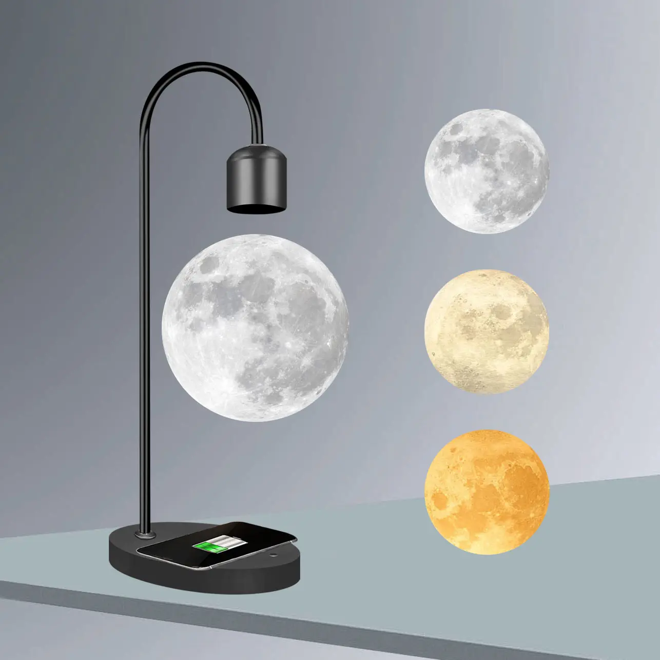 Lâmpada de lua de levitação magnética comutável colorida, luz led 3D flutuante, mesa levitada, carregador de telefone sem fio