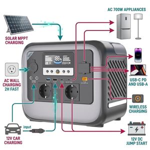Station d'alimentation portable 700W, batterie 512Wh, générateur solaire à onde sinusoïdale pure MPPT pour le camping, les activités de plein air et les situations d'urgence - Product Image 5