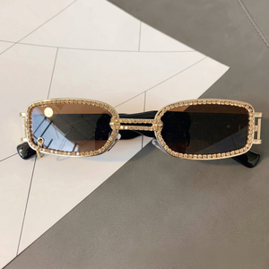 Luxurious Rectangle <b>Sunglasses</b> Full Rim Gold Frame With Rhinestones UV400 Protection Unisex Adult - Product Image 1