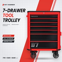Armoire à outils roulante à 7 tiroirs en acier rouge avec plateau supérieur, étagère latérale pliable et verrouillage central pour garage et atelier